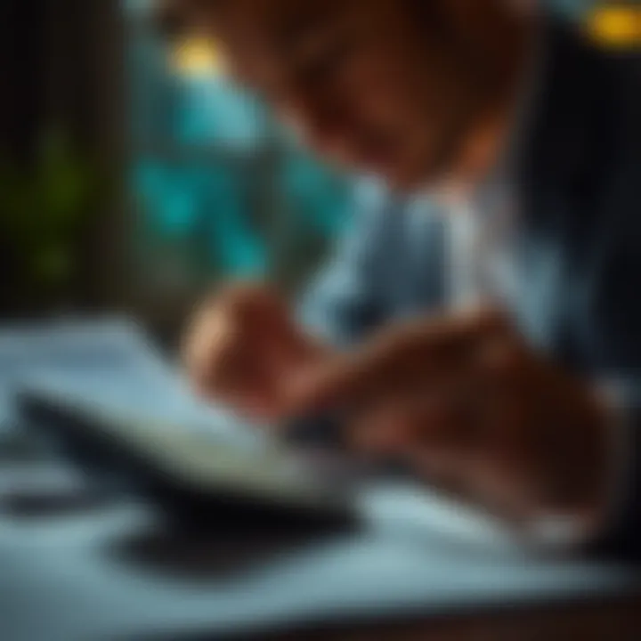 An individual analyzing financial statements with a calculator