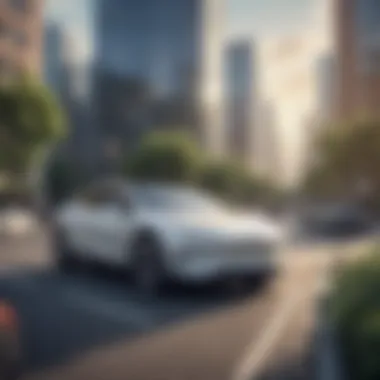 Electric Vehicles in a Sustainable Urban Landscape An electric car driving through a sustainable city environment