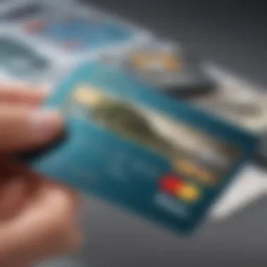 A close-up of a credit card being held with travel-themed items in the background