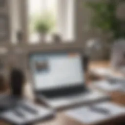 Home office setup with a laptop and tax documents