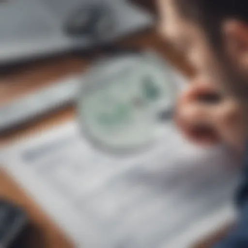 A person examining their credit report with a magnifying glass