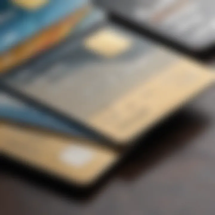 Close-up of different types of credit cards arranged on a table