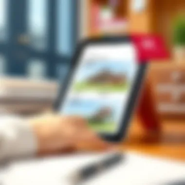 A close-up of a digital tablet displaying a real estate app with property listings