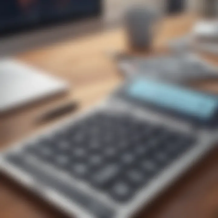 A sleek MacBook on a desk with a financial calculator