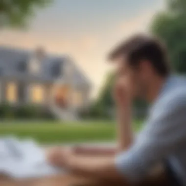 A person contemplating financial decisions with a house in the background